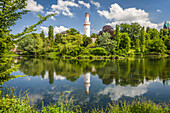 Pond in the castle park of Bad Homburg in front of the height with the white tower, Taunus, Hesse, Germany