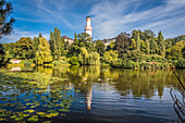 Weiher im Schlosspark von Bad Homburg vor der Höhe mit Weißem Turm, Taunus, Hessen, Deutschland