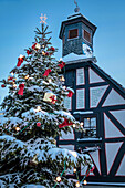 Old town hall of Engenhahn with Christmas tree, Niedernhausen, Hesse, Germany