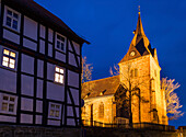 Illuminated church in the village of Landau, Bad Arolsen, Hesse, Germany