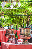 Festive table in a wine bar in Assmannshausen, Rheingau, Hesse, Germany
