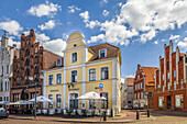 Historic houses on the market square in the old town of Wismar, Mecklenburg-West Pomerania, North Germany, Germany