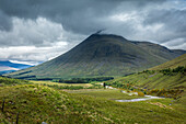 Valley of the Allt Kinglass looking towards Meall Garbh (994m), Bridge of Orchy, Argyll and Bute, Scotland, UK