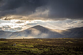Letztes Licht über Rannoch Moor, Highlands, Schottland, Großbritannien