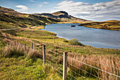 View from above Loch Fada towards the Old Man of Storr, Trotternish Peninsula, Isle of Skye, Highlands, Scotland, UK
