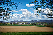 View from Wachtberg, North Rhine-Westphalia, on the Siebengebirge with (from left) Petersberg, Drachenfels, Oelberg, Löwenburg.