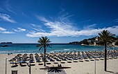 Panoramic view to Platja de Palmira, in the background the Malgrats Islands and the coast of Fornells, Paguera, Peguera, Mallorca, Spain