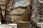 Stairs leading to the monastery on the island of Kyra Panagia. It belongs to the Marine Park, north of Alonissos, Northern Sporades, Greece