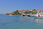 View from the Bourtzi peninsula towards the entrance of the port of Skiathos town, Skiathos island, Northern Sporades, Greece