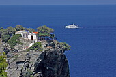 Agios Ioannis chapel on a rock above the west coast of Skopelos island. She is best known from the film Mama Mia, Northern Sporades, Greece