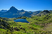 Mountain lake Lac Gentau with Pic du Midi, Vallee d'39; Ossau, Pyrenees National Park, Pyrenees, France
