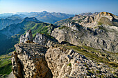 View from Pic d&#39; Ansabere on rock towers of the Ansabere Group and Pic de Petrageme, Pic d&#39; Ansabere, Cirque de Lescun, Vallee Aspe, Pyrenees, France