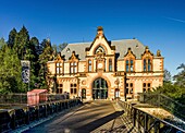 Bridge to the outer bailey of Drachenburg Castle, Koenigswinter, Siebengebirge, North Rhine-Westphalia, Germany