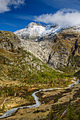 Rhone valley with a view of the source of the Rhone, Uri Alps, Valais, Switzerland