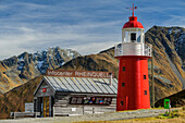Info center and lighthouse Rheinquelle at the Oberalp Pass, Gotthard Group, Graubünden, Switzerland