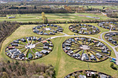 Runde Gärten Brondby Haveby, angelegt in den 1960er Jahren nach einem Entwurf des Landschaftsarchitekten Erik Mygind, auch bekannt als Brondby Garden City, Brondby, Kopenhagen, Dänemark