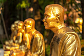 Golden statues of monks in the Buddhist temple complex of Wat Phra Singh, Chiang Mai, Thailand, Asia