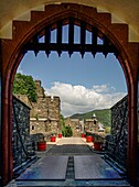 Drawbridge and drop gate of Reichenstein Castle, view to the outer bailey and the Königstein watchtower, Trechtingshausen, Upper Middle Rhine Valley, Rhineland-Palatinate, Germany