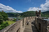 Reichenstein Castle: View over the shield wall to the Rhine Tower and the Rhine Valley near Trechtingshausen, Upper Middle Rhine Valley, Rhineland-Palatinate, Germany