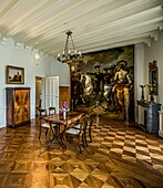 Sooneck Castle, dining room in the main castle, monumental painting depicting Prince Friedrich Wilhelm III. and Frederick William IV, Niederheimbach, Upper Middle Rhine Valley, Rhineland-Palatinate, Germany