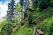Rock, wooden railings, hiking trail to the Teufelskammern, Loffenau, Black Forest, Baden-Württemberg, Germany