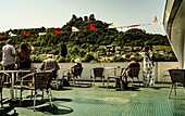 View from the sun deck of an excursion boat to the Schönburg, Oberwesel, Upper Middle Rhine Valley, Rhineland-Palatinate, Germany
