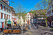 Street cafes on the market square in Weinheim, Odenwald, GEO Nature Park, Bergstrasse-Odenwald, Baden-Württemberg, Germany