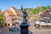 Street cafes on the market square in Weinheim with the Kaiser Wilhelm I monument, Odenwald, GEO Nature Park, Bergstrasse-Odenwald, Baden-Württemberg, Germany