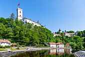 Rožmberk Castle with Jakobína Tower over the Vltava River in Rožmberk nad Vltavou in South Bohemia in the Czech Republic