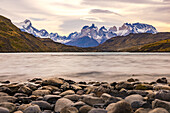 Long exposure at Lake Pehoe with the mountains of the Torres del Paine mountain range in southern Patagonia, Chile, South America