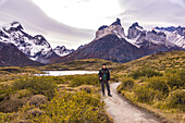 Wanderer mit Kamera auf einem einsamen Hiking Trail am Lago Nordenskjöld am Torres del Paine Gebirgsmassiv, Chile, Patagonien, Südamerika