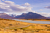 Lonely grassy landscape with dirt road on the southern arm of Lago Argentino with mountains in the background, Argentina, Patagonia, South America