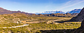 Panorama with the peaks of the Andes at Ruta 265 along Lago General Carrera, Chile, Patagonia