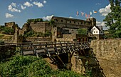 Bridge over the moat, Rheinfels Castle, St. Goar, Upper Middle Rhine Valley, Rhineland-Palatinate, Germany