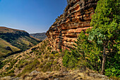 Rock face on Giant's Ridge with a view of the valley, Giant's Castle, Drakensberg, Kwa Zulu Natal, Maloti-Drakensberg UNESCO World Heritage Site, South Africa