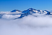 Hochfelln and Hochgern protruding from fog cover, from Sulten, Chiemgau Alps, Upper Bavaria, Bavaria, Germany