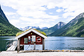 Pier for ships in Oeye, Hotel Union Oeye, Norangsdalen, Koeniginnenroute, Moere and Romsdal, Norway