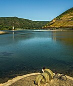 A cyclist rests at the Rhein-Nahe-Eck in Bingen, view over the Nahe estuary and over the Rhine to the Mause Tower and the ruins of Ehrenfels Castle in the Niederwald, Hesse and Rhineland-Palatinate, Germany