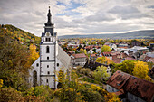 View from Heidecksburg on the town church of St. Andreas, Rudolstadt, district of Saalfeld-Rudolstadt, Thuringia, Germany, Europe