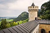 View from Neuschwanstein Castle to Hornberg and Bannwaldsee, Hohenschwangau near Fuessen, Allgaeu, Bavaria, Germany, Europe
