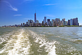 View from the water of the Hudson River of the Financial District with One World Trade Center, Manhattan, New York City, United States