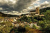 Old Town of Oberwesel and the Rhine Valley under a dramatic cloudy sky, Upper Middle Rhine Valley, Rhineland-Palatinatem Germany