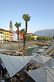View of the lake lounge on the lake promenade in Ascona, Lake Maggiore, Ticino, Switzerland