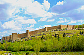 Avila, city wall, 2.5 kilometers of natural stone wall, around the medieval monastery town in, Castile, Central Spain,