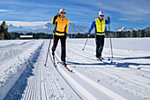 Man and woman cross-country skiing on the Krün cross-country ski trail, Sonnenloipe, Karwendel and Wetterstein in the background, Werdenfels, Upper Bavaria, Bavaria, Germany