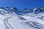 Ski track leads to Gabler and Reichenspitze, Hohe Tauern National Park, Zillertal Alps, Tyrol, Austria