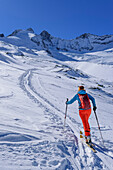 Woman on a ski tour climbs to the Roßkarscharte, Gabler and Reichenspitze in the background, Zittau Hut, Hohe Tauern National Park, Zillertal Alps, Tyrol, Austria