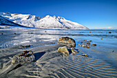 Felsen am Sandstrand von Ballesvika, Senja, Troms og Finnmark, Norwegen