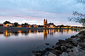 Magdeburg Cathedral shortly after sunset, reflections in the Elbe, Magdeburg, Saxony-Anhalt, Germany