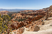 Wide view of rock formations and pinnacles at the amphitheater in Bryce Canyon National Park.